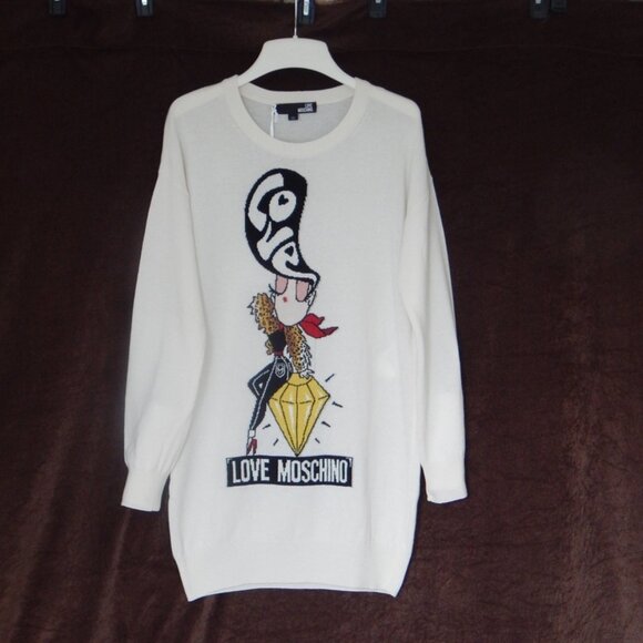 Love Moschino Pullover Sweater Dress Girl on Diamond Made in ITALY Ivory NWT - Picture 1 of 10